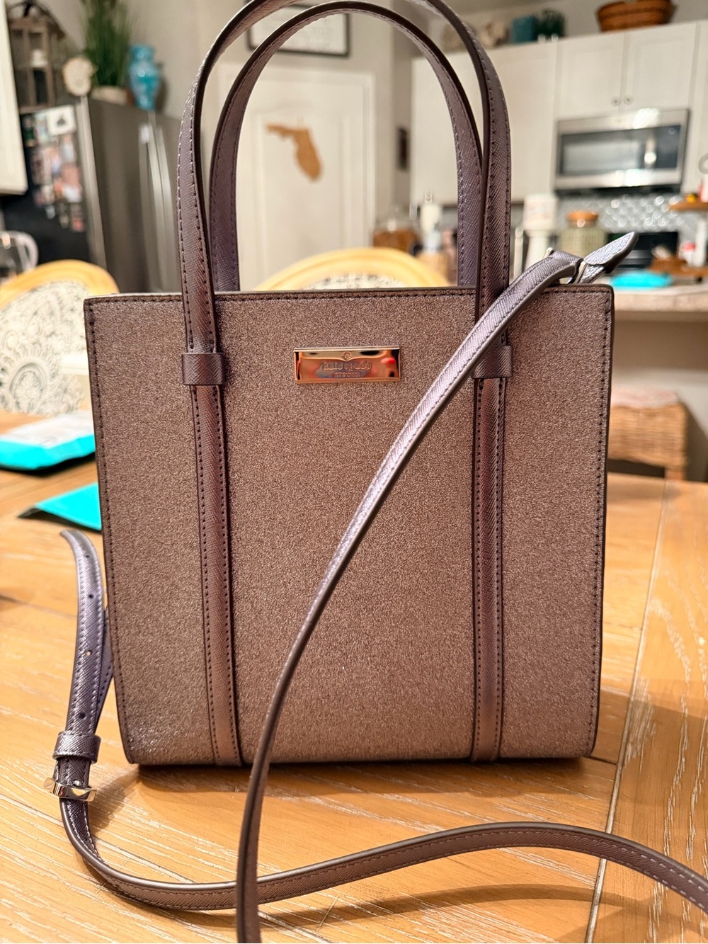 Kate Spade Purple Glitter Square Tote with Removable Strap
